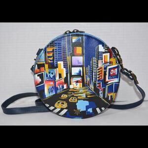 Anuschka Round Crossbody Hand Painted Leather City Lights Bag Purse